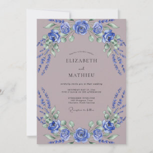 Invitación Boda Romántica Floral Azul Real