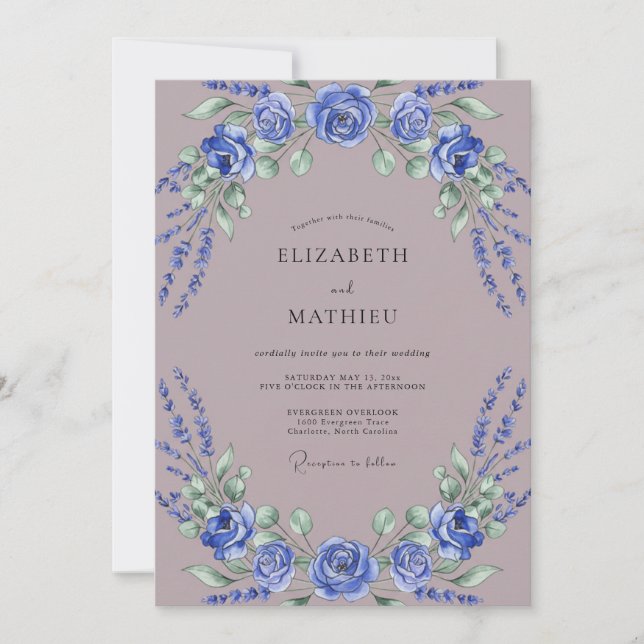Invitación Boda Romántica Floral Azul Real (Anverso)