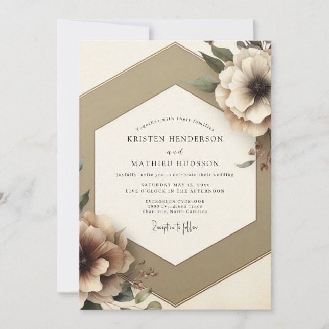Invitación Boda Romántica Floral Beige (Anverso)