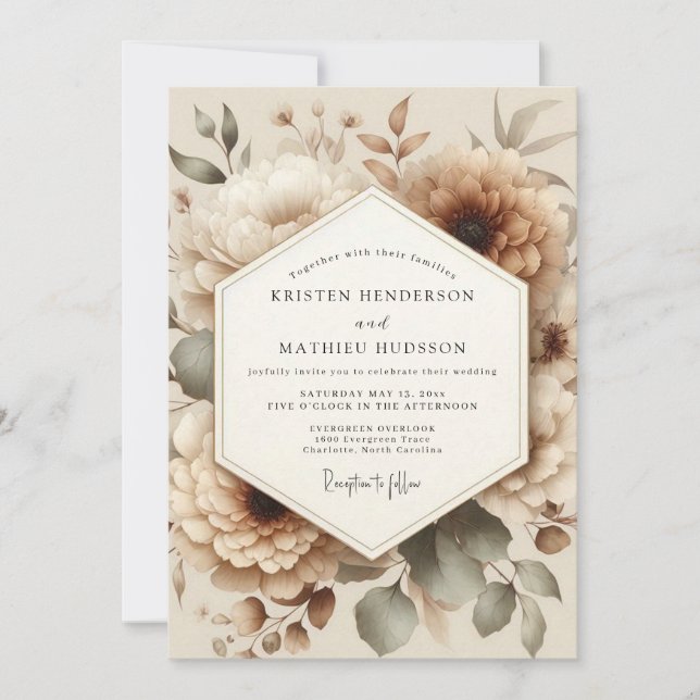 Invitación Boda Romántica Floral Beige (Anverso)