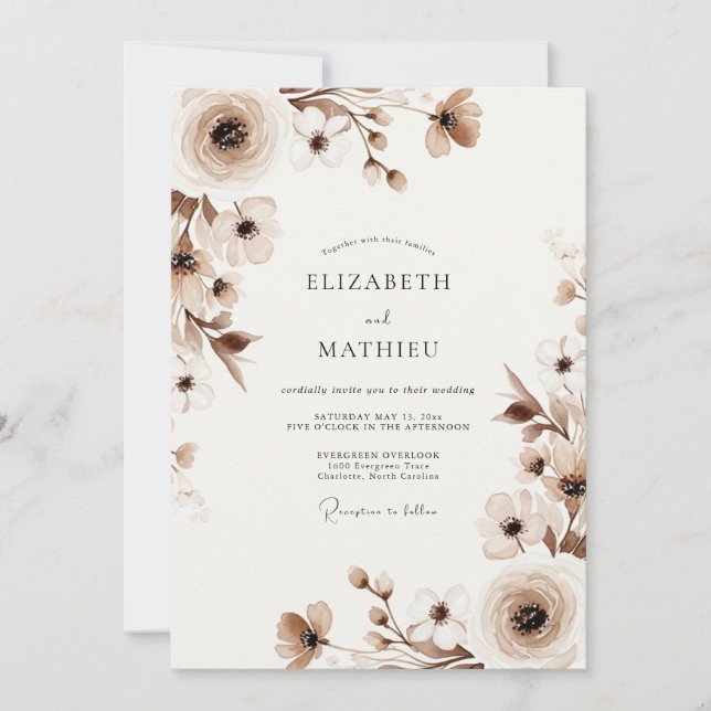 Invitación Boda Romántica Floral Beige (Anverso)
