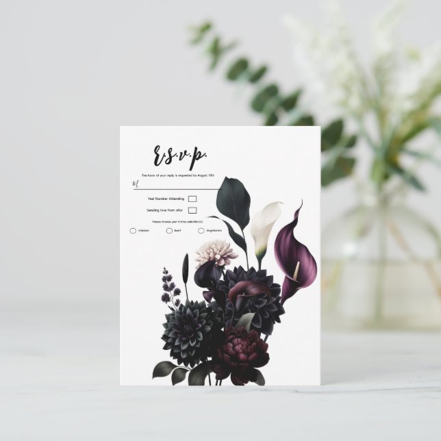 Invitación Boda Romántica Floral Blanca y Oscura Respuesta RS (Anverso de pie)