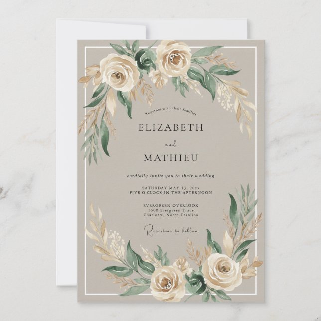Invitación Boda Romántica Floral Boho de Crema (Anverso)