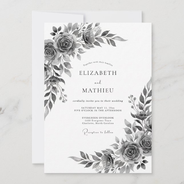 Invitación Boda Romántica Floral Botánica Gris (Anverso)