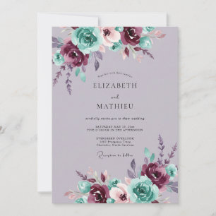 Invitación Boda Romántica Floral Burgundy Turquesa
