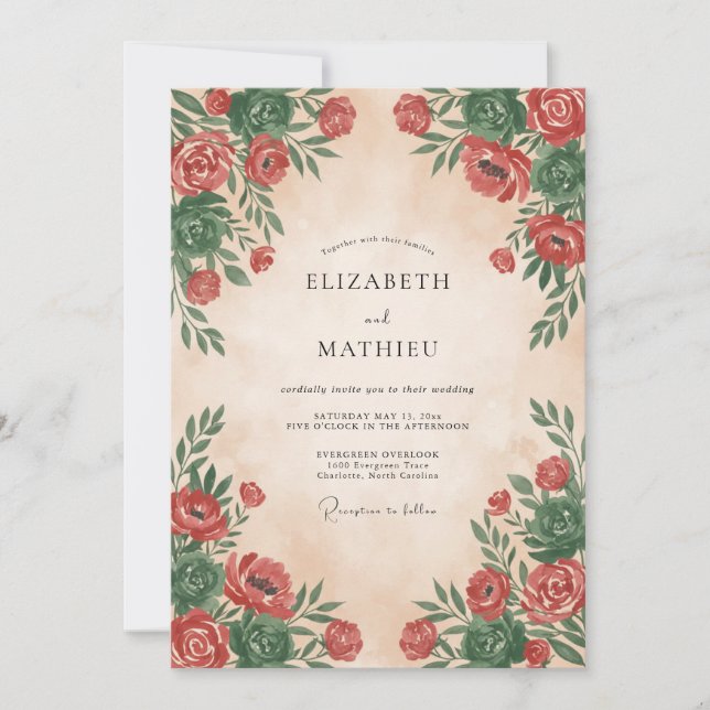 Invitación Boda Romántica Floral Carmesí (Anverso)