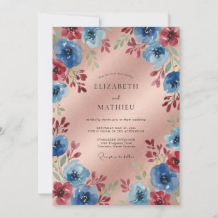 Invitación Boda Romántica Floral Carmesí Azul