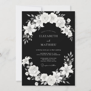 Invitación Boda Romántica Floral Clásica Blanco y Negro