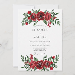 Invitación Boda Romántica Floral con Acuarela Carmesí