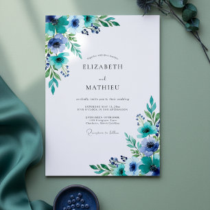 Invitación Boda Romántica Floral con Pincelada Verde Azulada