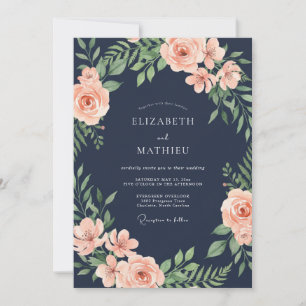 Invitación Boda Romántica Floral con Toque de Azul Marino