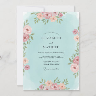 Invitación Boda Romántica Floral con Toque de Azul Turquesa