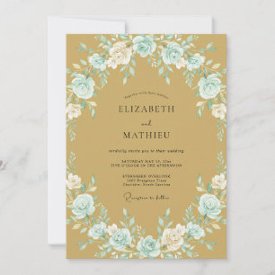 Invitación Boda Romántica Floral con Toque de Azul Verdoso y 