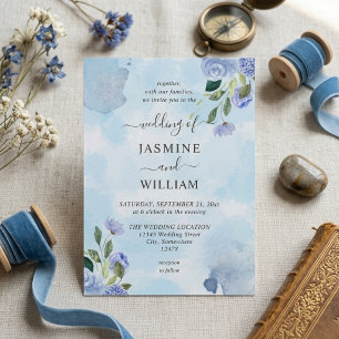Invitación Boda romántica floral de acuarela azul polvoriento