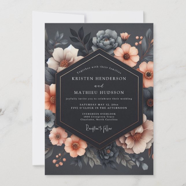Invitación Boda Romántica Floral de Carbón (Anverso)