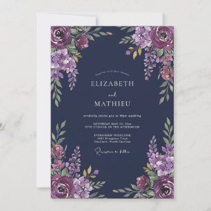 Invitación Boda Romántica Floral de Ciruela Profunda