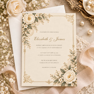 Invitación Boda Romántica Floral de Encaje Ivory Antiguo