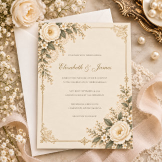 Invitación Boda Romántica Floral de Encaje Ivory Antiguo