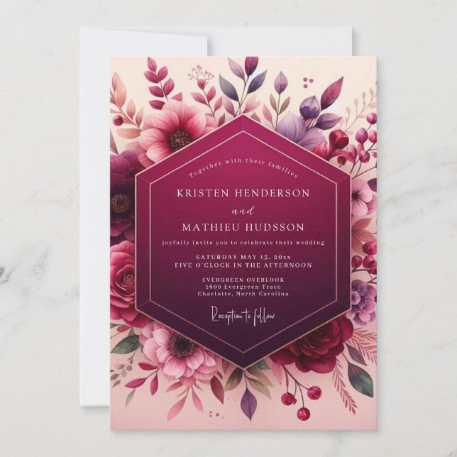 Invitación Boda Romántica Floral de Frutas Profundas (Anverso)