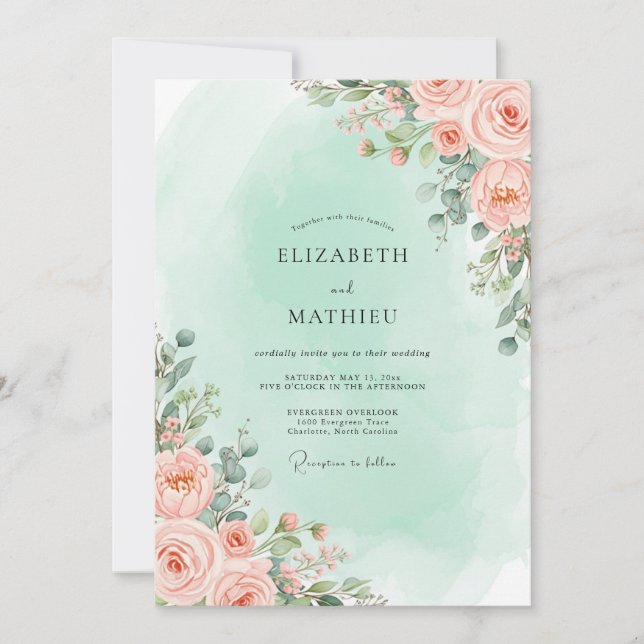 Invitación Boda Romántica Floral de Melocotón (Anverso)