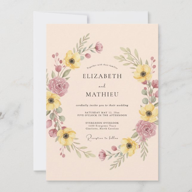 Invitación Boda Romántica Floral de Melocotón Pálido (Anverso)
