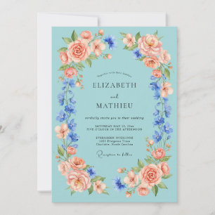 Invitación Boda Romántica Floral de Melocotón y Aguamarina