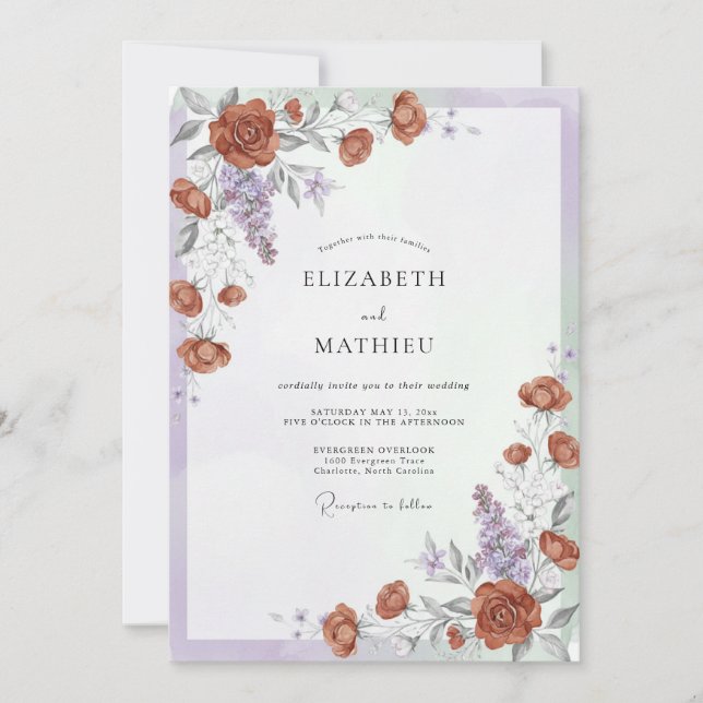 Invitación Boda Romántica Floral de Naranja Quemada (Anverso)