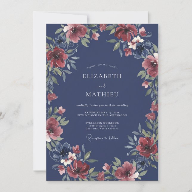 Invitación Boda Romántica Floral de Navy (Anverso)