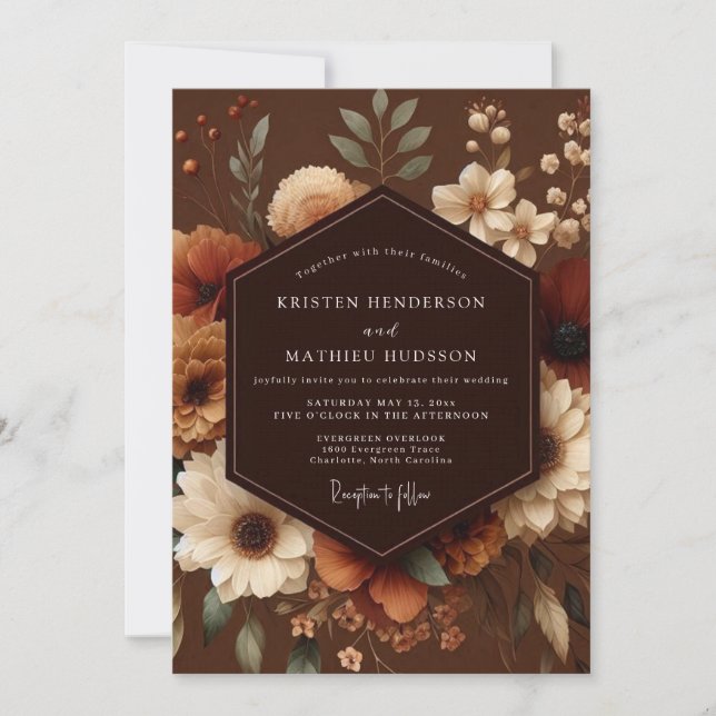 Invitación Boda Romántica Floral de Otoño Marrón (Anverso)