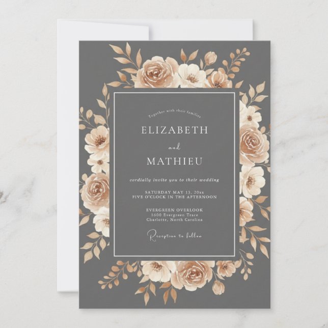 Invitación Boda Romántica Floral de Pizarra y Melocotón (Anverso)