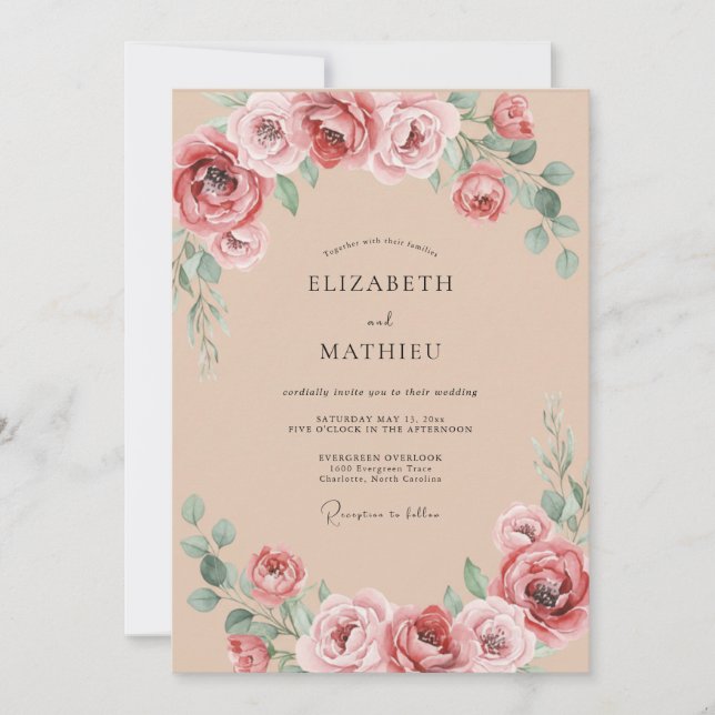 Invitación Boda Romántica Floral de Rosas (Anverso)