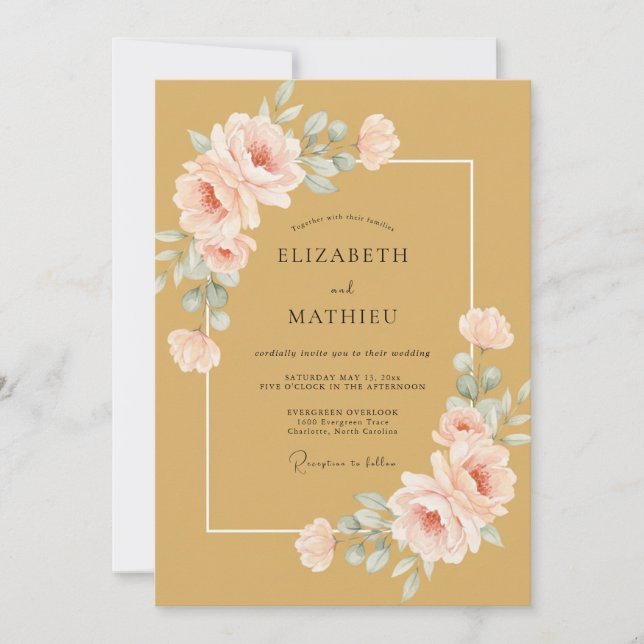 Invitación Boda Romántica Floral Delicada Ocra (Anverso)
