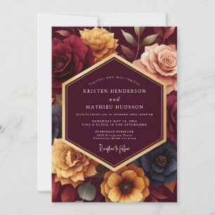Invitación Boda Romántica Floral Dorada Borgoña