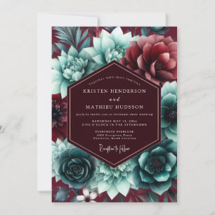 Invitación Boda Romántica Floral en Burgundy y Turquesa