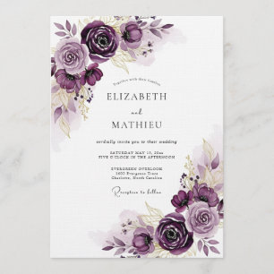Invitación Boda Romántica Floral Etérea de Ciruela