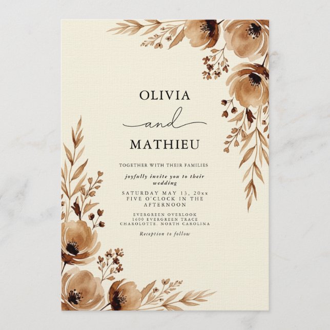 Invitación Boda Romántica Floral Etérea Marrón (Anverso)
