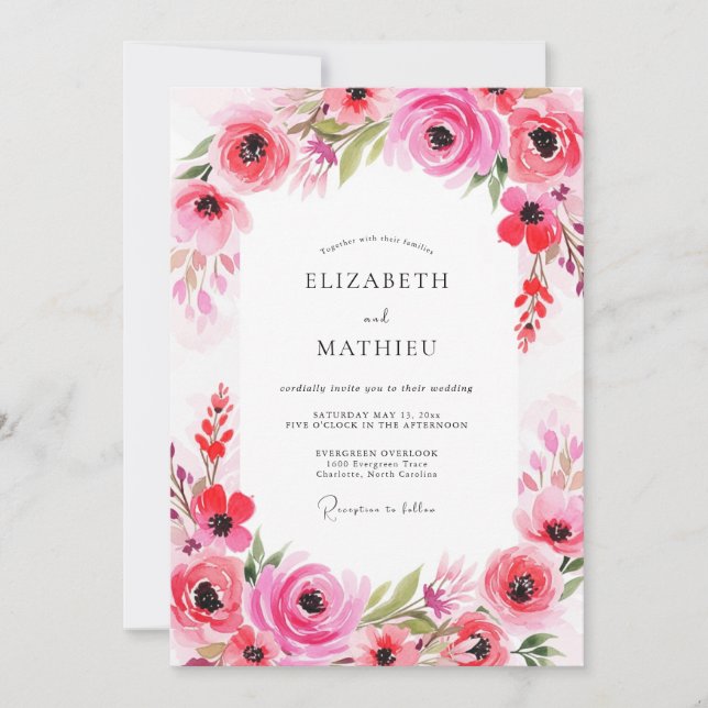 Invitación Boda Romántica Floral Fucsia (Anverso)