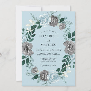 Invitación Boda Romántica Floral Gris Azul
