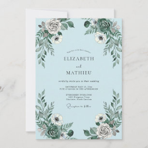 Invitación Boda Romántica Floral Gris Azul