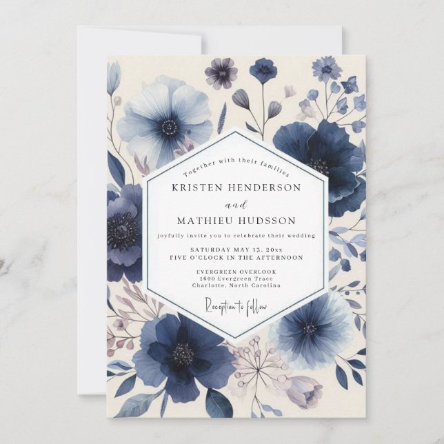 Invitación Boda Romántica Floral Índigo (Anverso)