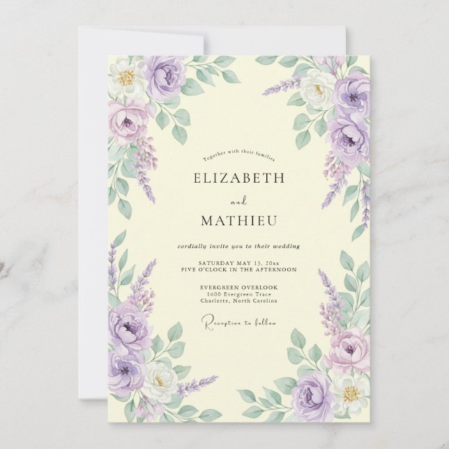 Invitación Boda Romántica Floral Lavanda Pintada (Anverso)