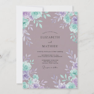 Invitación Boda Romántica Floral Lila Verde Azul