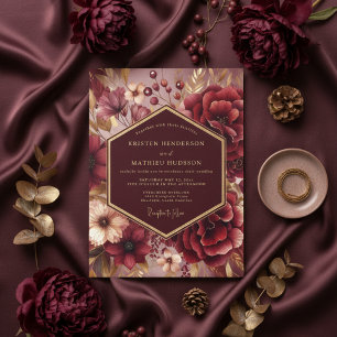 Invitación Boda Romántica Floral Lujosa de Borgoña