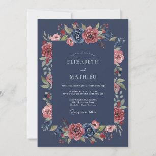 Invitación Boda Romántica Floral Lush Navy