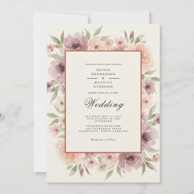 Invitación Boda Romántica Floral Malva (Anverso)