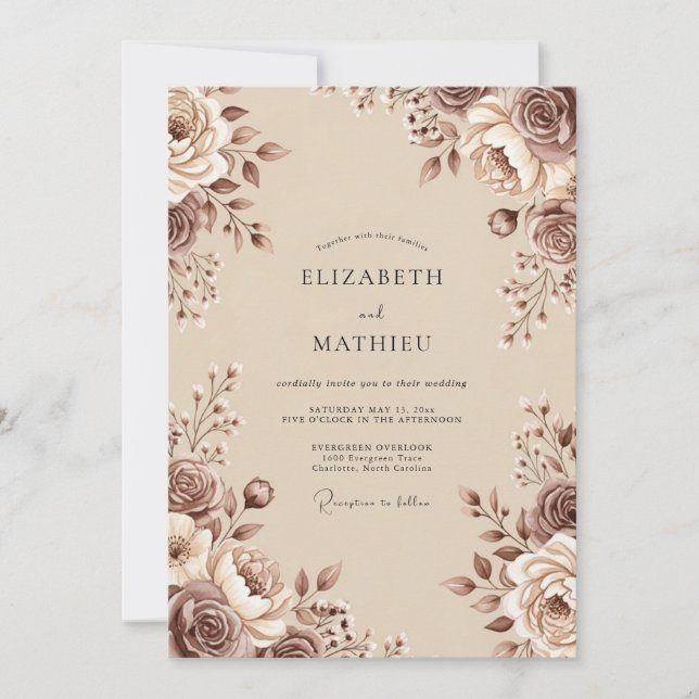 Invitación Boda Romántica Floral Marrón (Anverso)