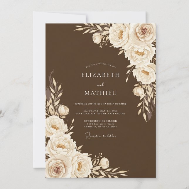 Invitación Boda Romántica Floral Marrón (Anverso)