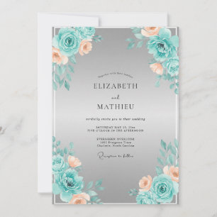 Invitación Boda Romántica Floral Melocotón Verde Acuario