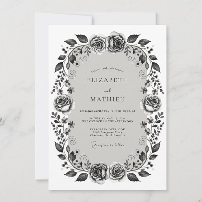 Invitación Boda romántica floral monocroma (Anverso)