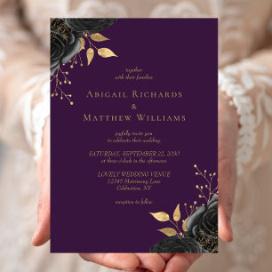 Invitación Boda Romántica Floral Negra Dorada Púrpura